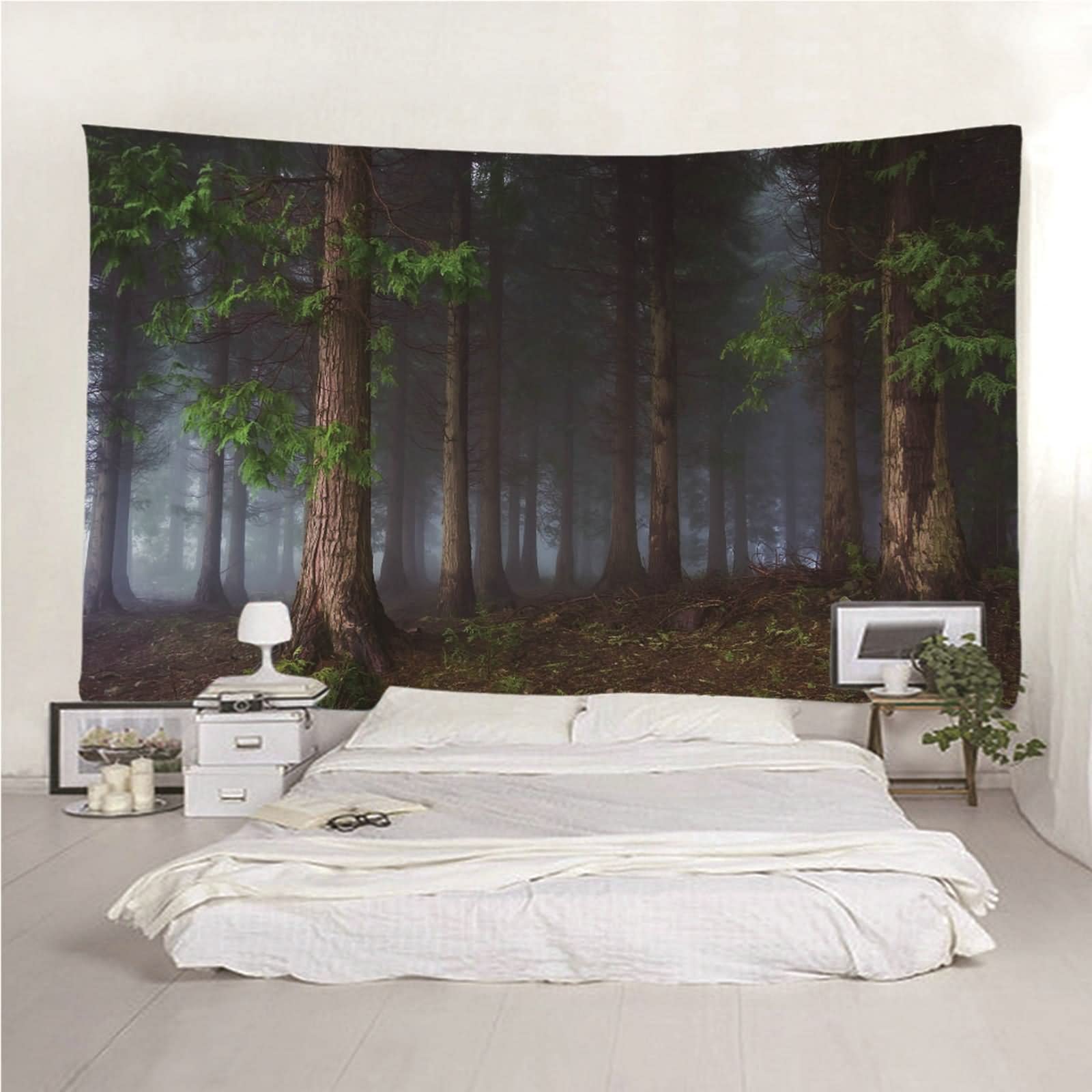 Tapiz Tela Pared, Decoración Pared Cocina Niebla del Bosque Poliéster Verde Marrón 150x130CM Regalo Mujer