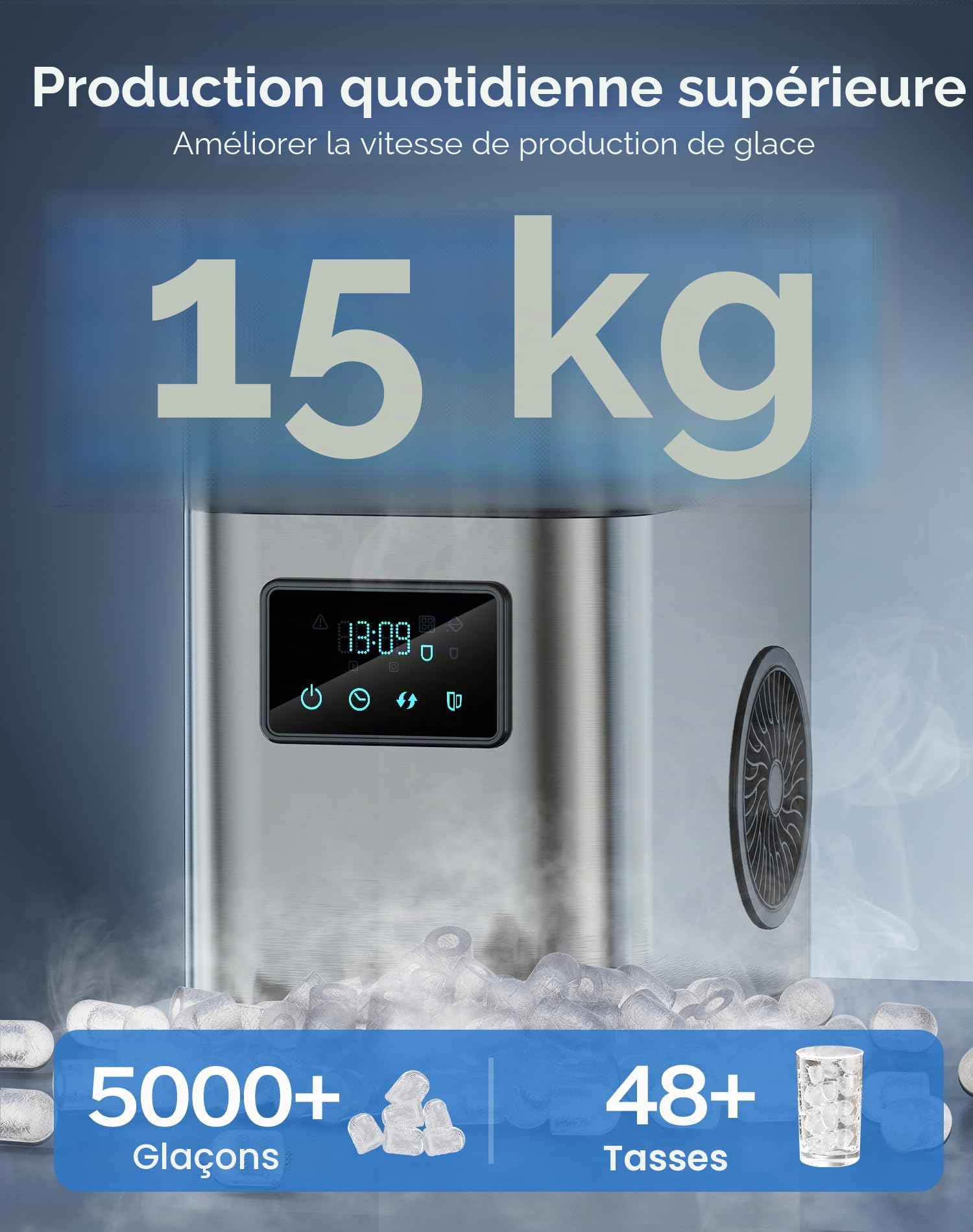 Machine a glacons Acier inoxydable machine a glace machine a glacon avec écran LED et fonction de nettoyage 2 tailles de glaçons 2 litres pour la cuisine le bureau le bar et les fêtes
