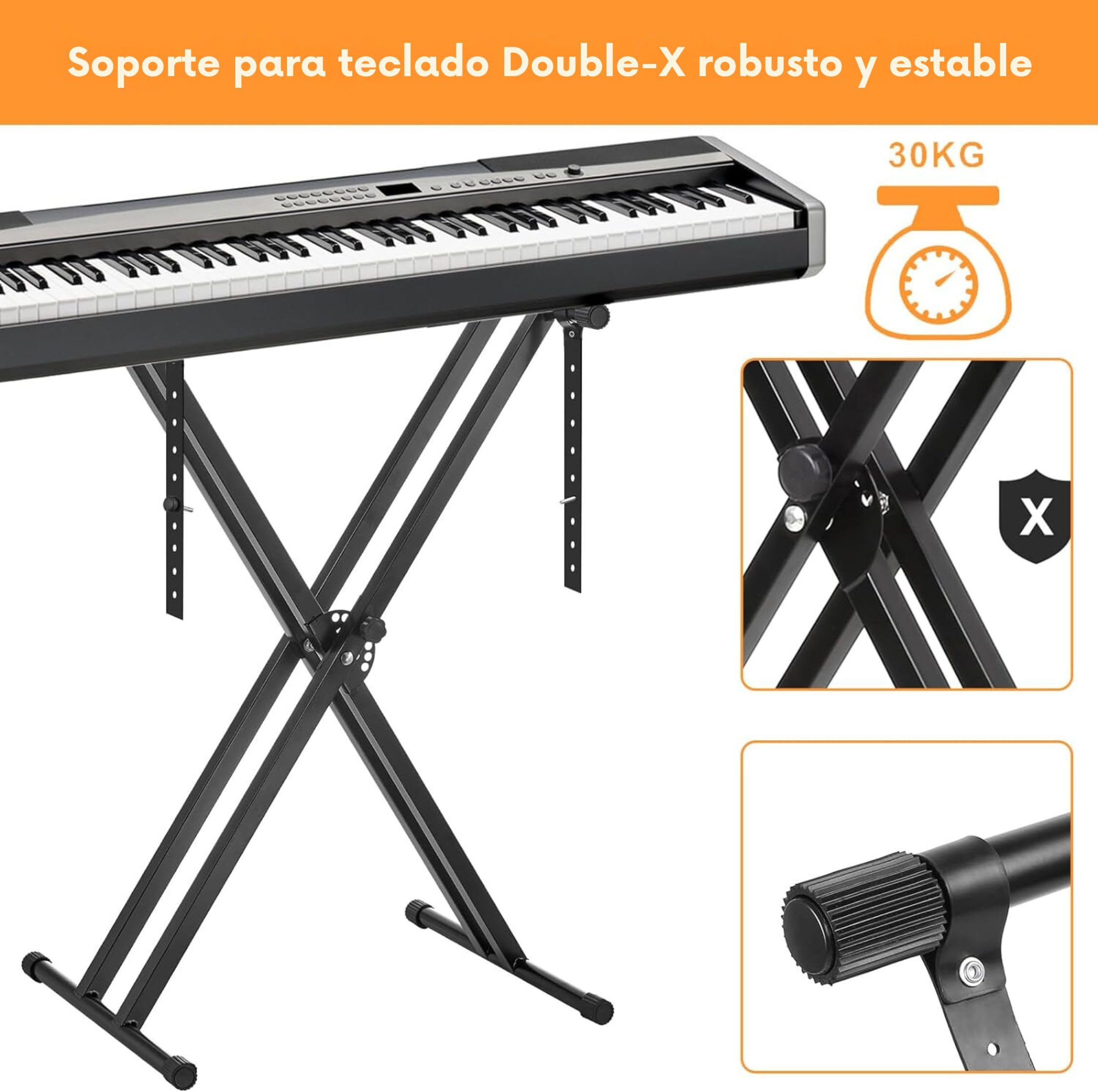ROCKSTAR - Soporte Plegable Teclado y Piano, Altura Ajustable, KS422 Soporte Preensamblado Plegable para Piano Digital con Correas de Bloqueo, Marco X Doble Refuerzo, Carga 35KG, Negro