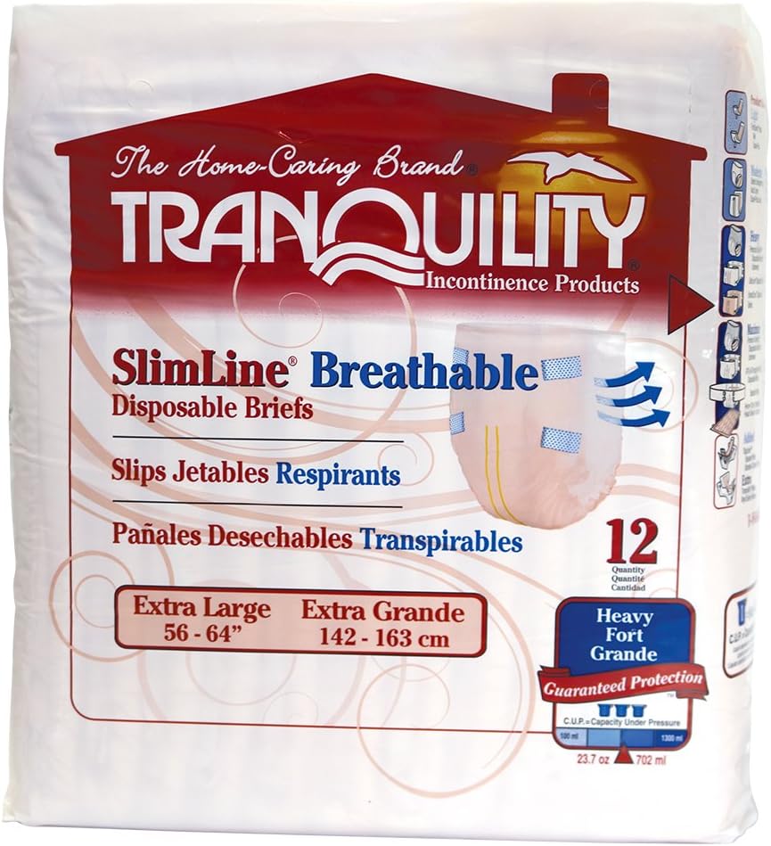 Tranquility Slimline Adult Disposable Briefs, X-Large Incontinence Care with a Slimmer Fit, Peach Mat Core & Kufguard Technology, Latex-Free, 23.7oz Capacity, 72ct Case