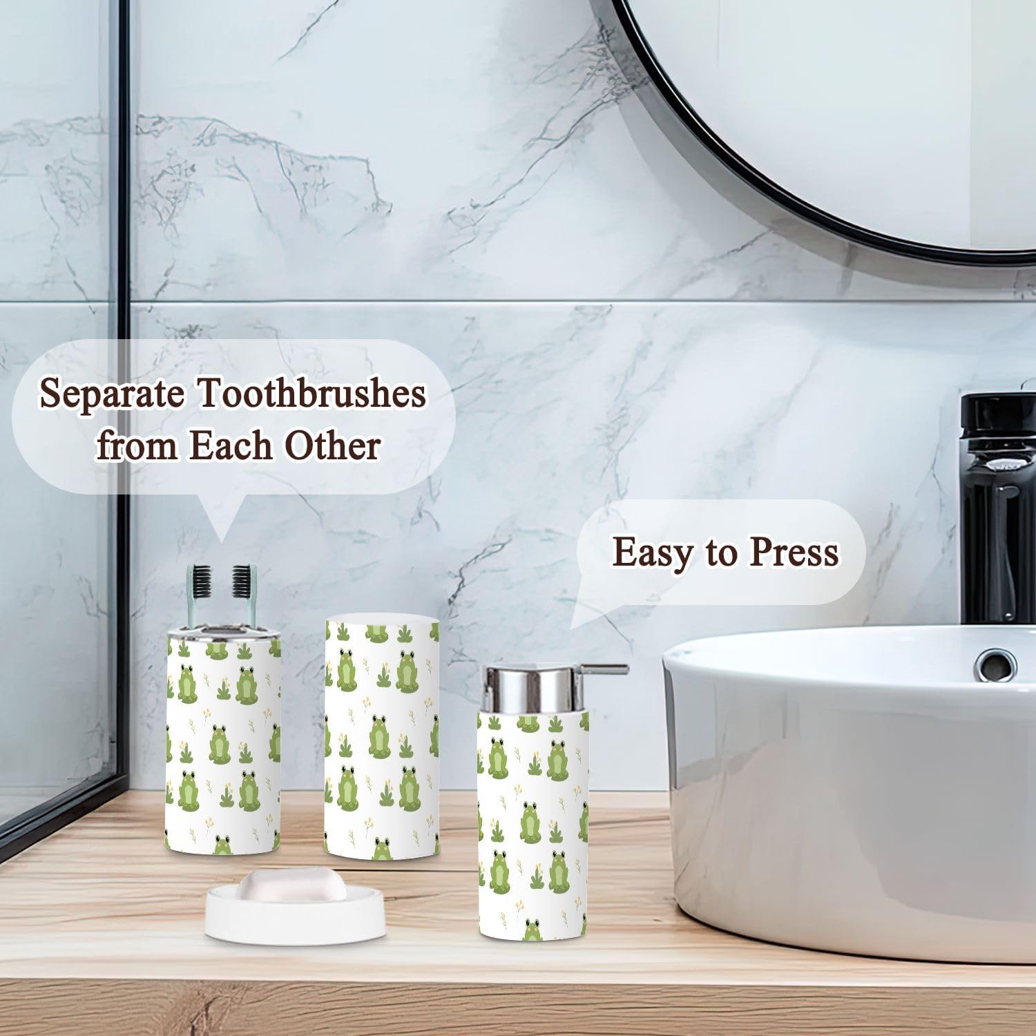 6 Piece Bathroom Accessories Set Cute Frogs Nature Seamless Pattern Funny Green Frog Character Pattern Trash can Toilet Brush Holder Toothbrush Holder Toothbrush Cup Soap Dispenser Soap Dish for Home