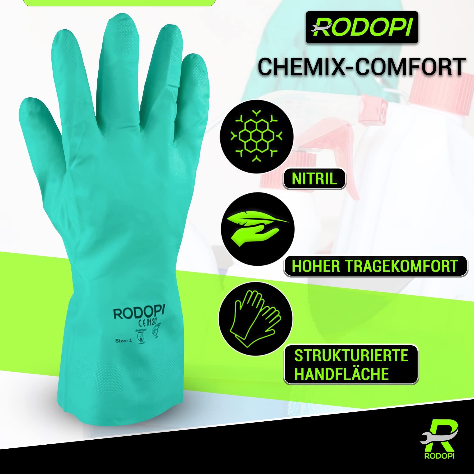 RODOPI CHEMIX-Comfort Gummihandschuhe für Herren und Damen Putzhandschuhe aus Nitril Chemikalienschutzhandschuhe EN ISO 374-1:2016 Type A Schutzhandschuhe (120 Paar, 9)