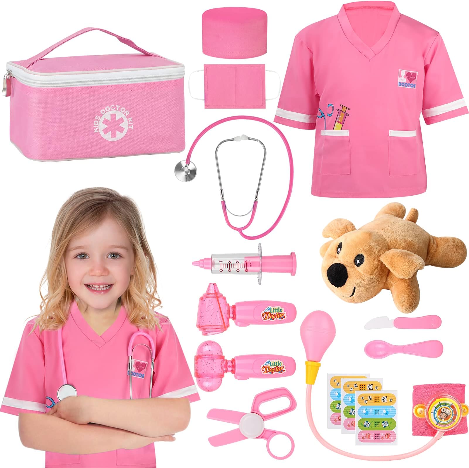 LoscolaDoctor Kit for Kids, Toddler Doctor Kit with Toy Dog, Real Stethoscope, Doctor Costume & Carrying Bag, Pretend Play Doctor Playset Toys for Boys Girls Christmas Birthday Gifts Age 3 4 5 6