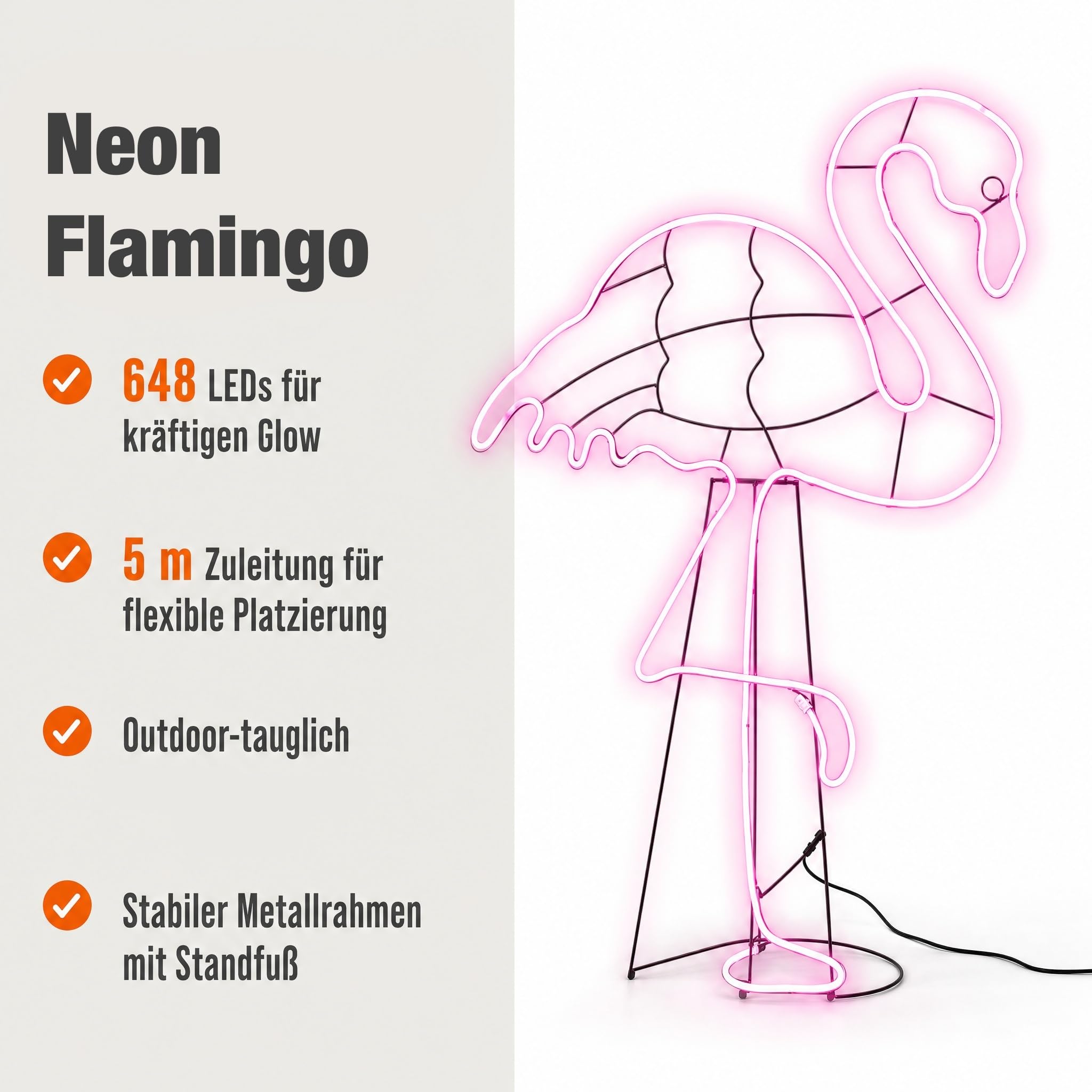 hellum Flamingo LED outdoor, Neon Flamingo mit 648 pinken LED, 115x77,5cm | XXL LED Flamingo mit 5m Zuleitung und Transformator, Flamingo Lampe outdoor mit pinkem Lichtschlauch für innen + außen 578393
