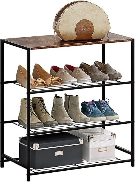 COZYFUN Shoe Rack Organizer,4-Tier Shoe Rack for Entryway,Small Metal Shoe Rack,Free Standing Shoe Racks for Hallway,Corner in Brown