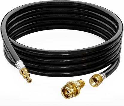 CALPOSE 15 FT Propane Quick Connect Hose for RV to Gas Grill, Come with 1 LB Throwaway Bottle Connect Adapter, Dual Functionality 1/4"RV Propane Hose Fits for Most LP Gas Equipment and Portable Grill
