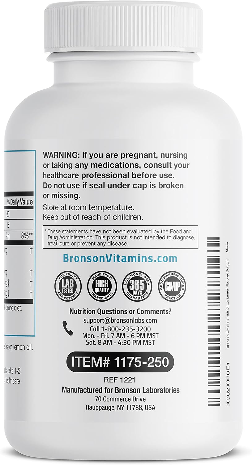 Bronson Omega-3 Fish Oil 1000 MG, Joint & Brain Health - Heavy Metal Tested Non GMO