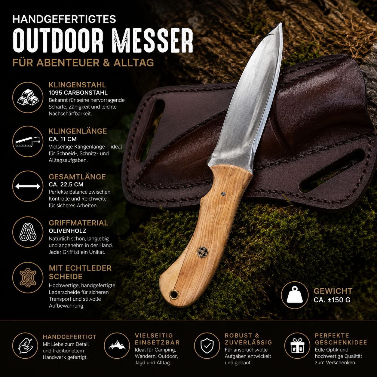 Handgeschmiedetes Jagdmesser mit Lederscheide, Bushcraft Messer feststehend aus 1095 Carbonstahl, Outdoor Survival Messer mit Olivenholzgriff, Camping Messer, Fahrtenmesser, EDC Messer für Jagd