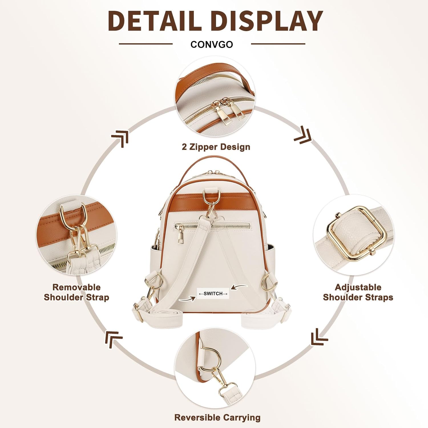 Small Backpack Purse for Women PU Leather Mini Backpack Travel Convertible Shoulder Bag with 3 Replaceable Shoulder Straps, Beige