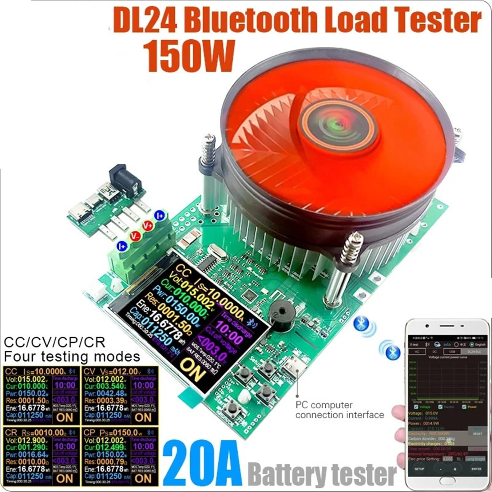Elektroniczny tester obciążenia, Tester USB o mocy 150 W i napięciu 20 A. Elektroniczny monitor pojemności baterii litowej. Zasilanie miernika rozładowania