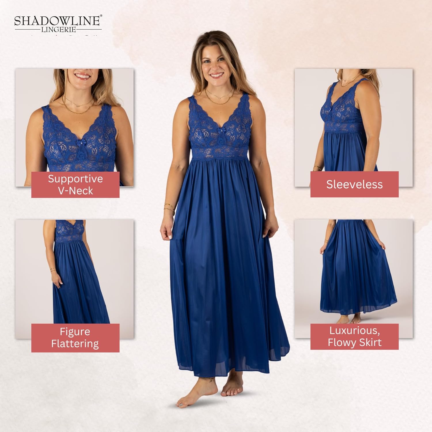 SHADOWLINE Women's Long Flowy Figure Flattering Cap Sleeve Nightgown– Silky Floral Soft Lace Lingerie Elegant Sleepwear - Image 2