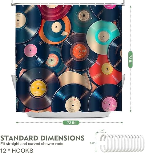 Miniatura 5 de YLOKTP0444 - Cortina de ducha con música retro, 72 x 72 pulgadas, discos musicales, álbum de baño, bañeras, juego de decoración con 12 ganchos