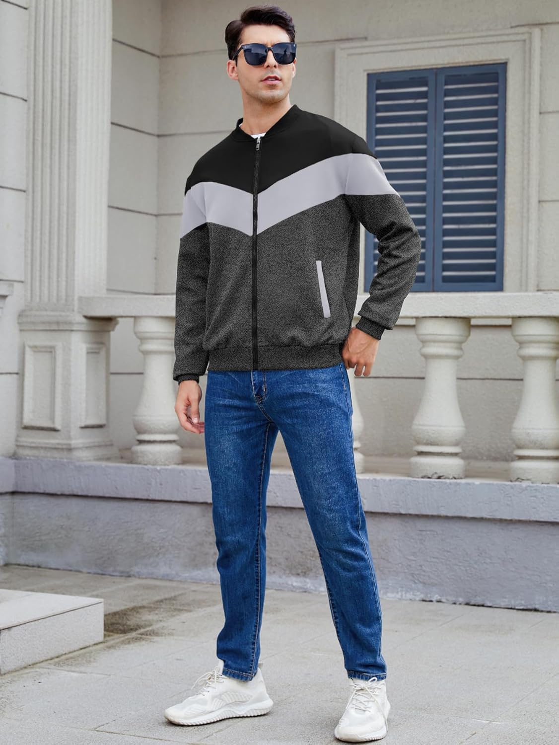 Arssm Mens Lightweight Jacket Color Block Bomber Jacket Patchwork Fall Zip Up Varsity Coat - Image 7