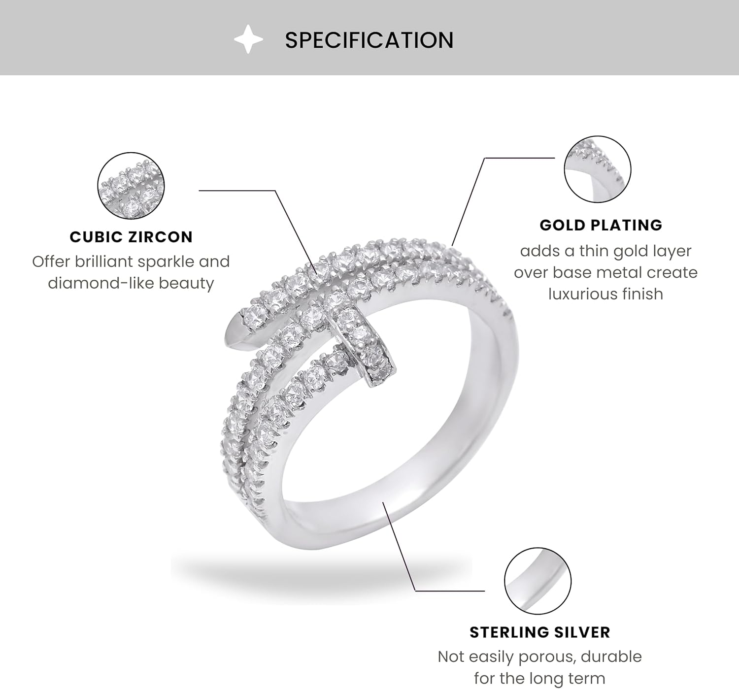 925 Sterling Silver Nail Wrap Cluster Ring for Women in 24K Yellow, Rose & White Gold Plated Sparkling Cubic Zirconia CZ Jewelry Gift for Her Elegant Cocktail & Statement Ring