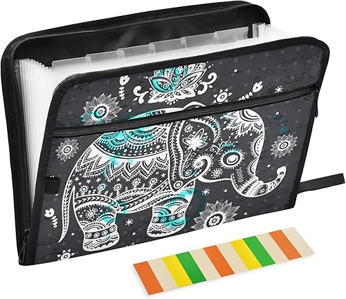 Organizador de archivos de acordeón de elefante étnico, carpeta de archivos expandible con cremallera, 13 bolsillos, organizador de documentos,