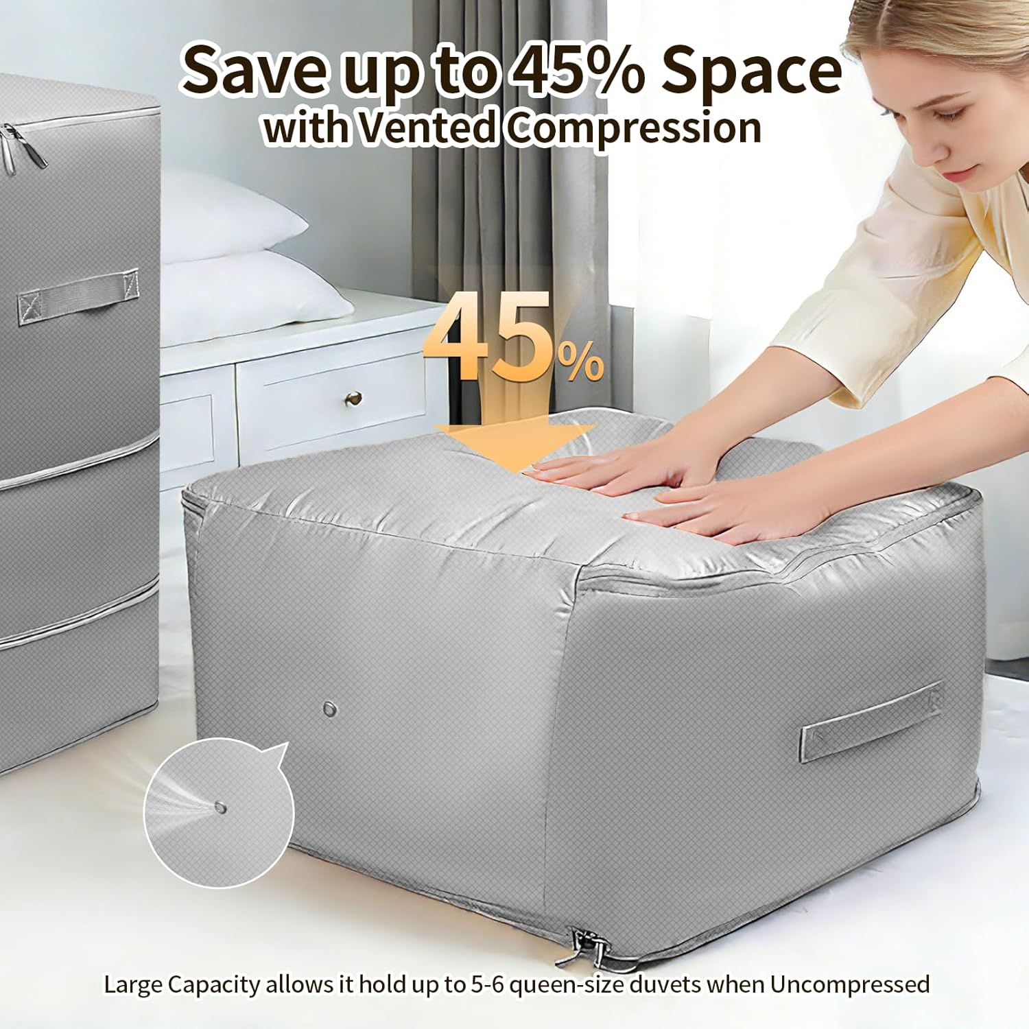 4 Pack Upgrade Comforter Storage Bag with Handle, Space Saving 3-Layer Adjustable In 3 Sizes (142L, 107L, 71L), Compression Blanket Storage Bags, Washable Bedding Organizer For Pillow Duvet Clothing