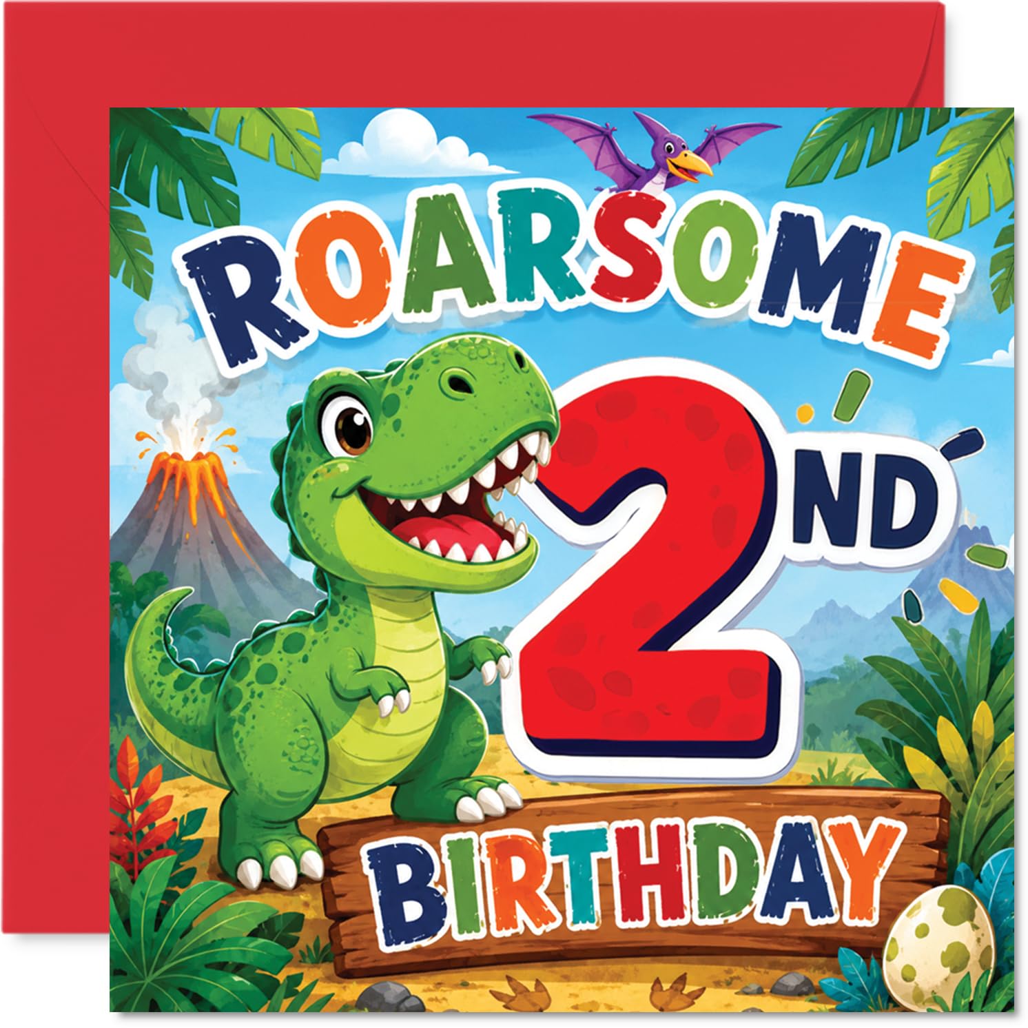 Playful 2nd Birthday Card - Stomp into a Roarsome Day - Cartoon Dinosaur, Jungle and Volcano Scene with Bold Red '2' - Bursting with Birthday Fun - 145mm Square, Envelope Included