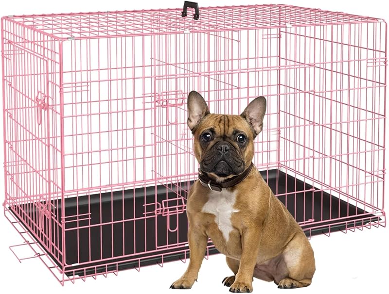 Caixa de Transporte para Cães em Metal com Duas Portas, Bandeja Removível e Divisória BIQWBIC 76,2 cm Rosa
