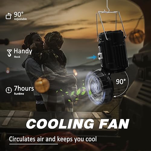 Miniatura 2 de DIBMS - Paquete de 2 ventiladores solares para campamento con linterna, plegable, alimentado por energía solar, recargable por USB, luces colgantes