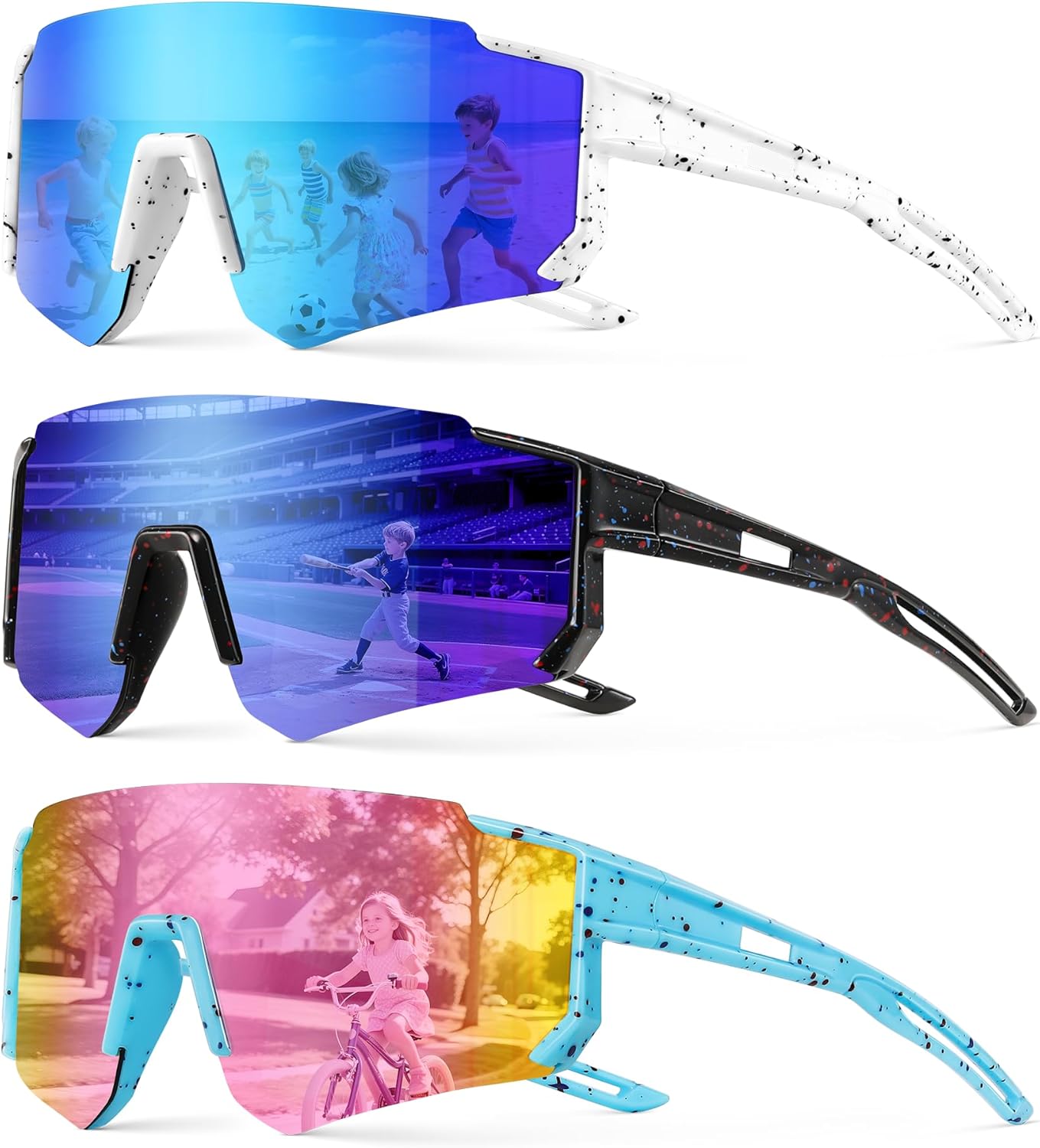3PACK Kids Sunglasses Youth Baseball Sunglasses for Boys Girls Age 4-12,Softball Sports Cycling Goggles UV Protection
