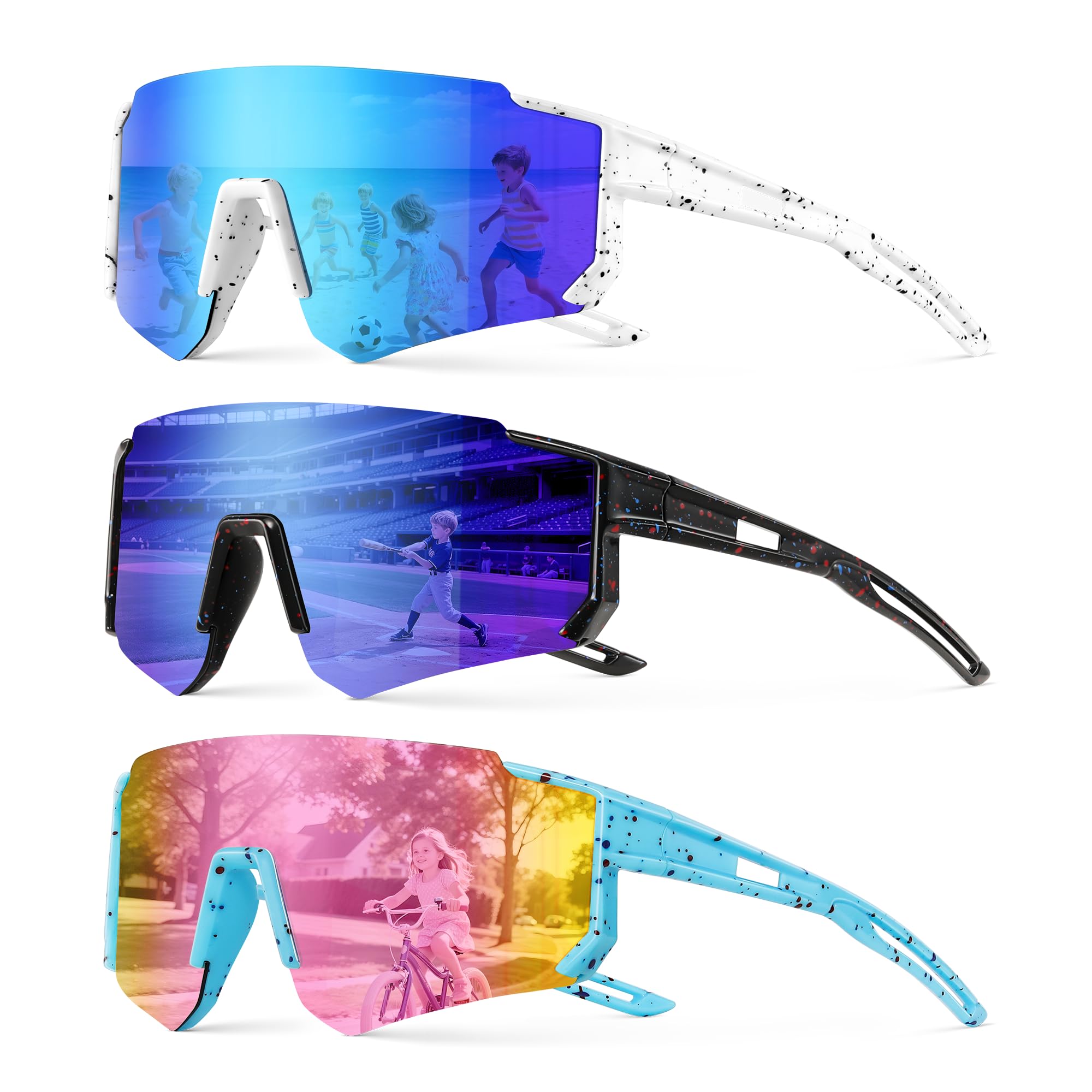Kinder-Sonnenbrillen, Baseball-Sonnenbrillen für Jungen, Mädchen, Alter 4–12, Softball-Sport-, Radsportbrille, UV-Schutz, A01, Dunkelblau + Rosa, 3 Stück