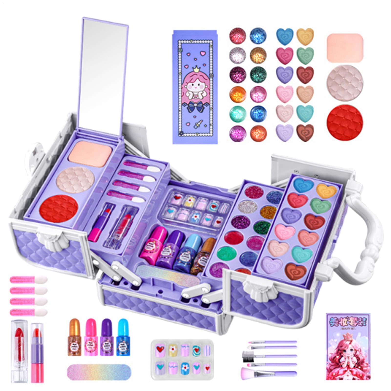 Kit di trucco per ragazze reali: set di giocattoli per il trucco | Lavabili, 43 pezzi, set di simulazione, cosmetico con manico viola, per ragazze, ideale per spettacoli di danza, giochi
