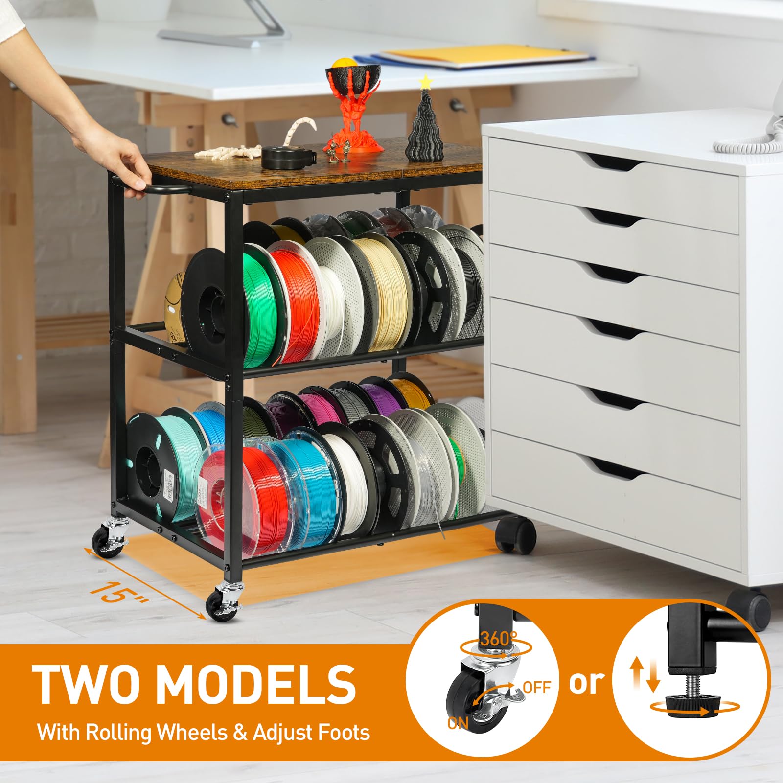 ikkle 3D-Drucker Filament Lagerregal mit Rädern – Schweres Metall Spulenhalter, 3-Etagen 3D Druckerzubehör Organizer für PLA/ABS/TPU/Nylon – Für 3D-Druckstation, Büro & Werkstatt, Braun