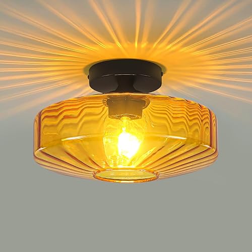 Lámpara de techo semiempotrada, 11.8 pulgadas, moderna de mediados de siglo, con pantalla de vidrio ámbar, 1 luz vintage para dormitorio, cocina,