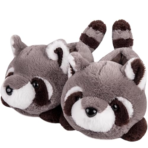 Women's Slippers Cute Wild Animal Fuzzy Plush Funny Slippers Novelty Fox Raccoon Red Panda Sloth Hedgehog Squirrel Koala Cozy Soft Winter Warm House Shoes for Indoor/Outdoor - 8-10 - Grey Raccoon