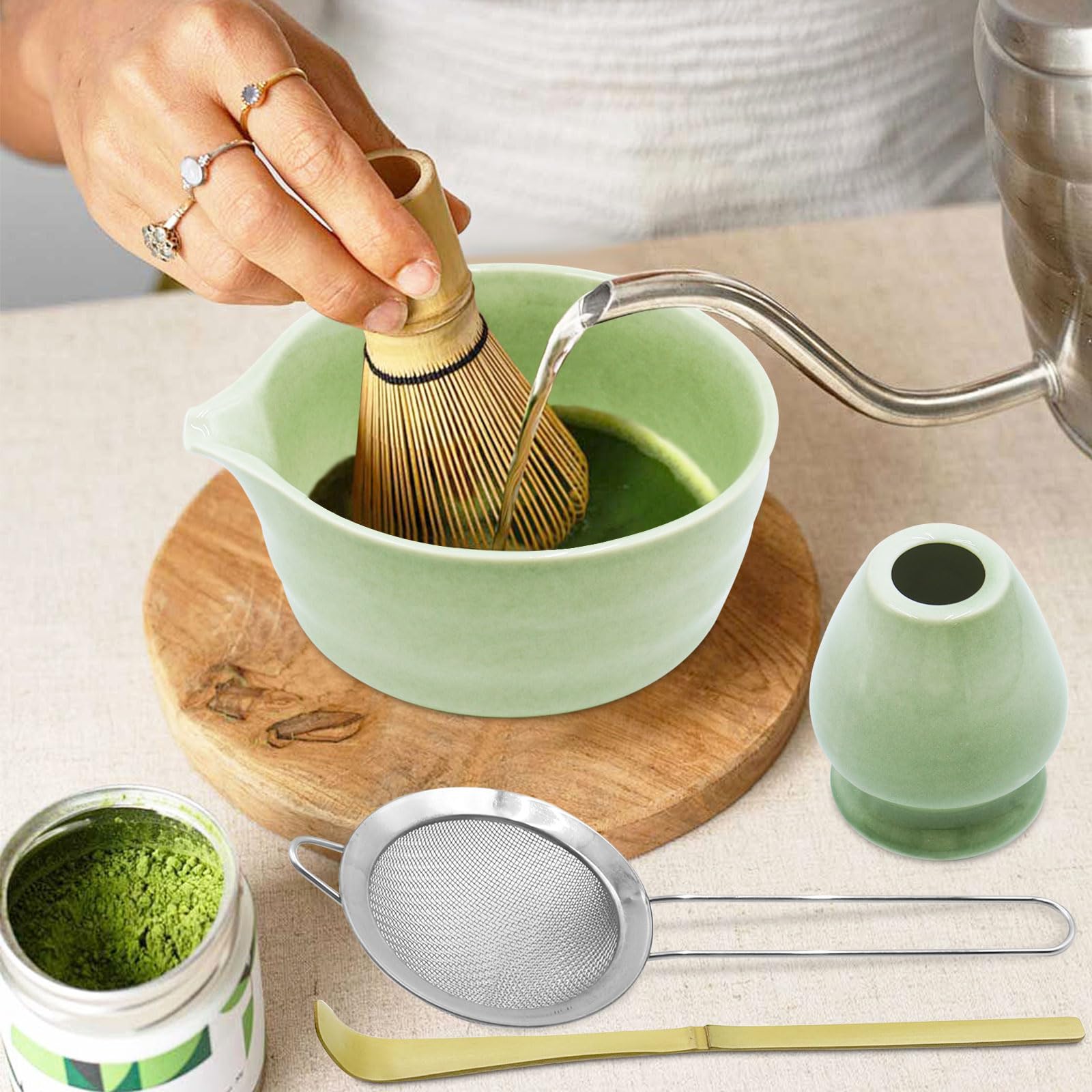 5 szt. Ceramiczny zestaw match, miska matcha, trzepaczka, szpatułka, sitko, uchwyt na miotłę