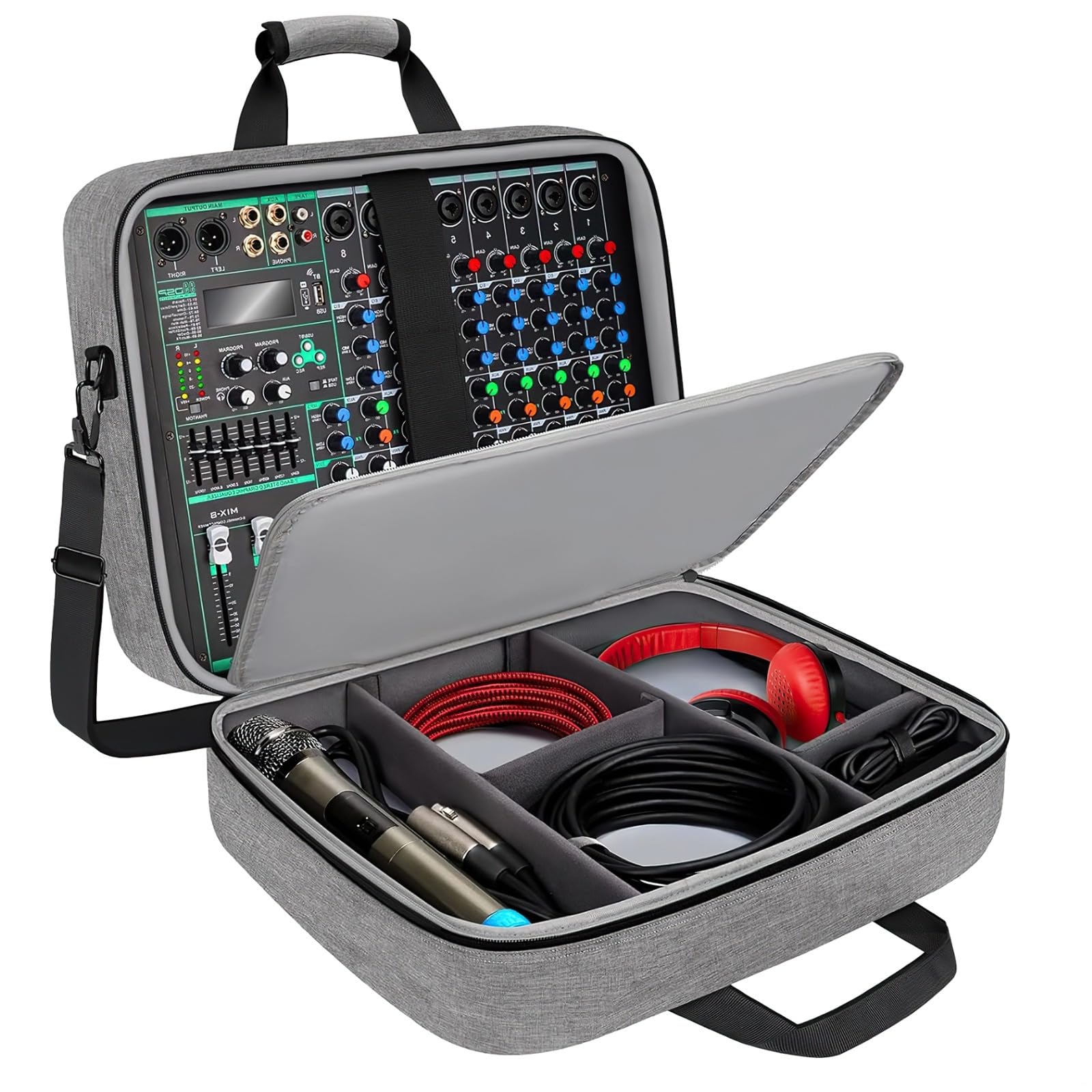 Torba na mikser DJ, 15,5 x 13 x 6 cali, szara obudowa miksera audio z grubą wyściółką 0,4 cala, regulowane przegrody, bezpieczne paski, wiele kieszeni, pasek bagażowy do mikserów podcastów