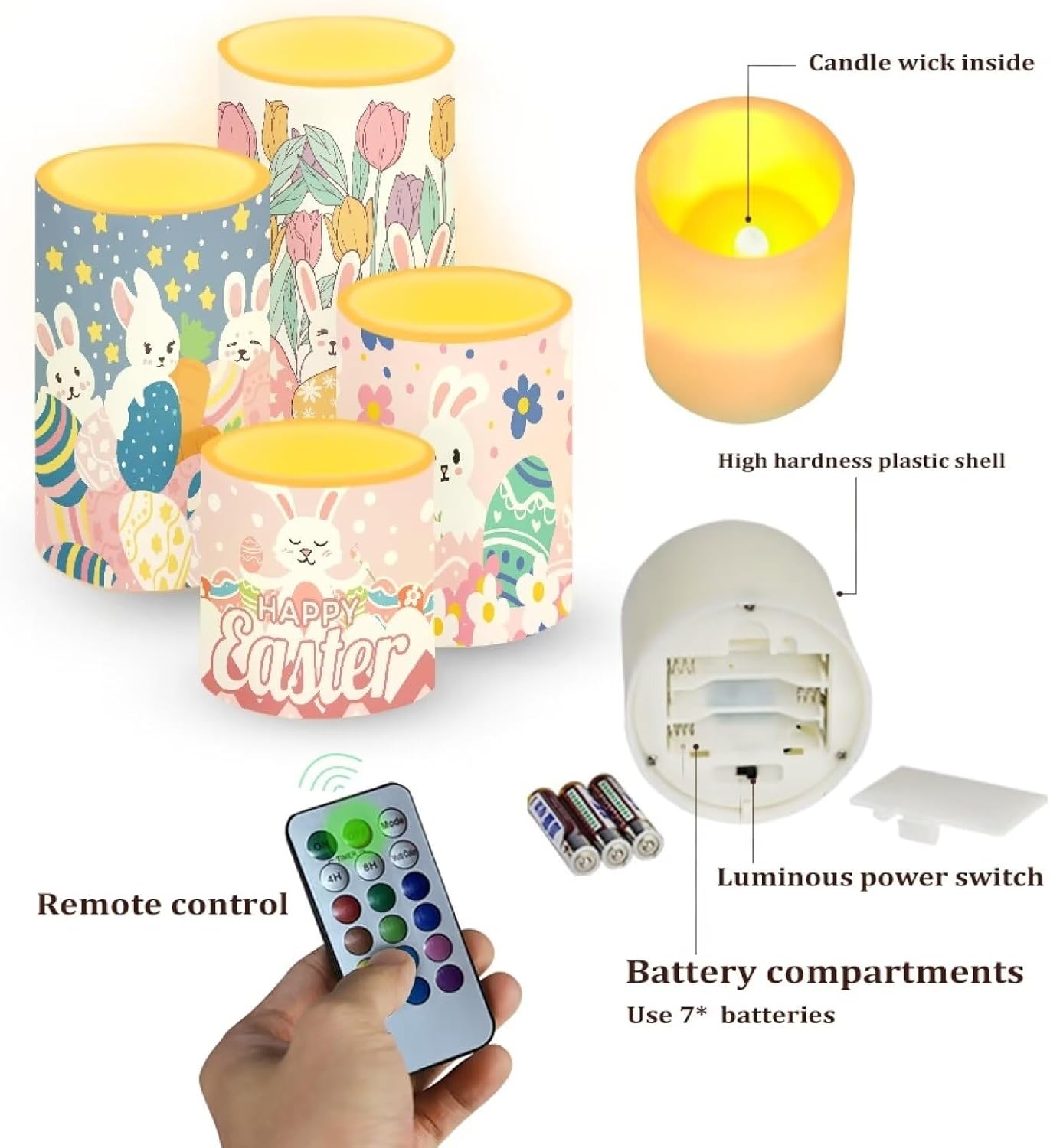 Flameless Candles Battery Powered with Timer Remote Control Multicolor Lamp Everlasting Fake Candles for Party Garden Indoor Outdoor Easter Home Decor, Happy Easter Cute Bunny