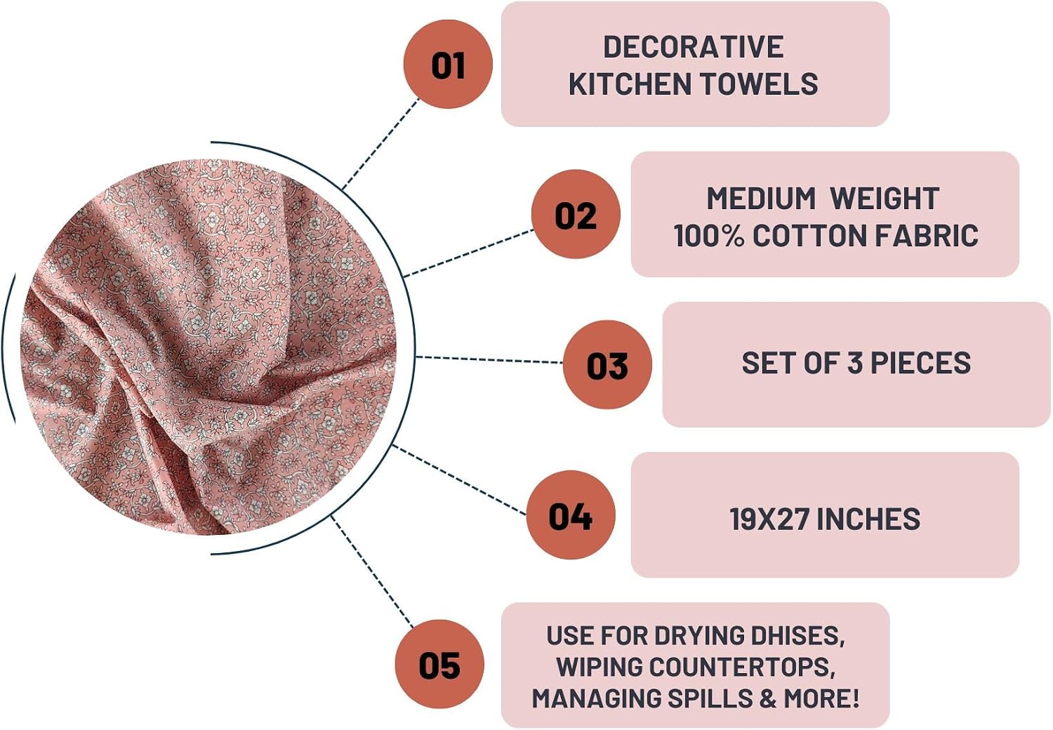 AVKA Studio 100% Cotton Decorative Kitchen Towels- Set of 3 Dishcloths- 19 x 27 inches- Peach Floral Kitchen Towel- Absorbant Kitchen Dish Towels for Dryng Dishes- Indian Block Print Cute Tea Towels