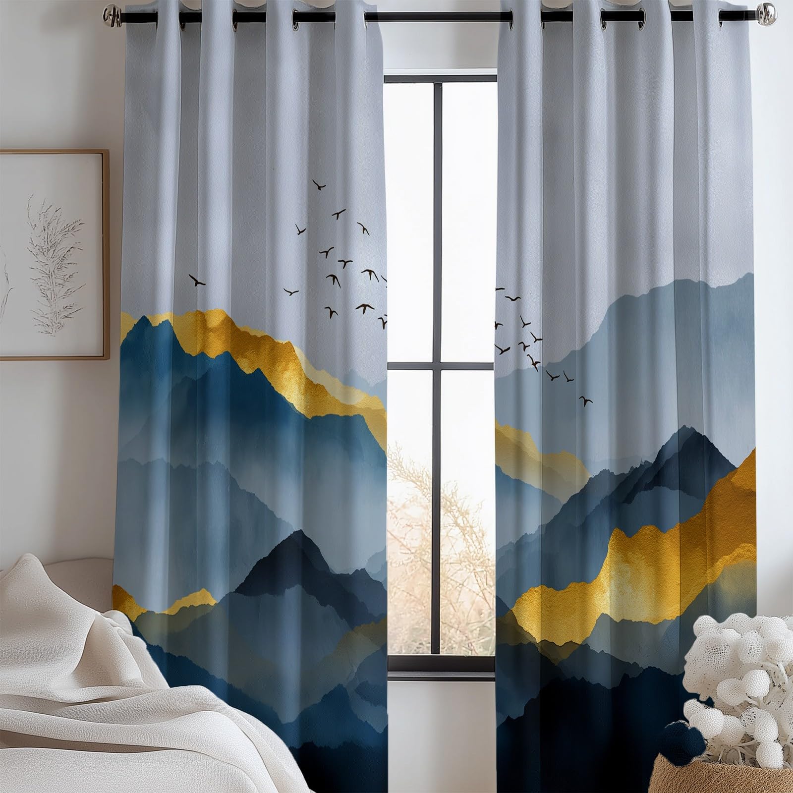 Rideaux isolants thermique et phonique occultants gris paysage chinois L140xH175 cm