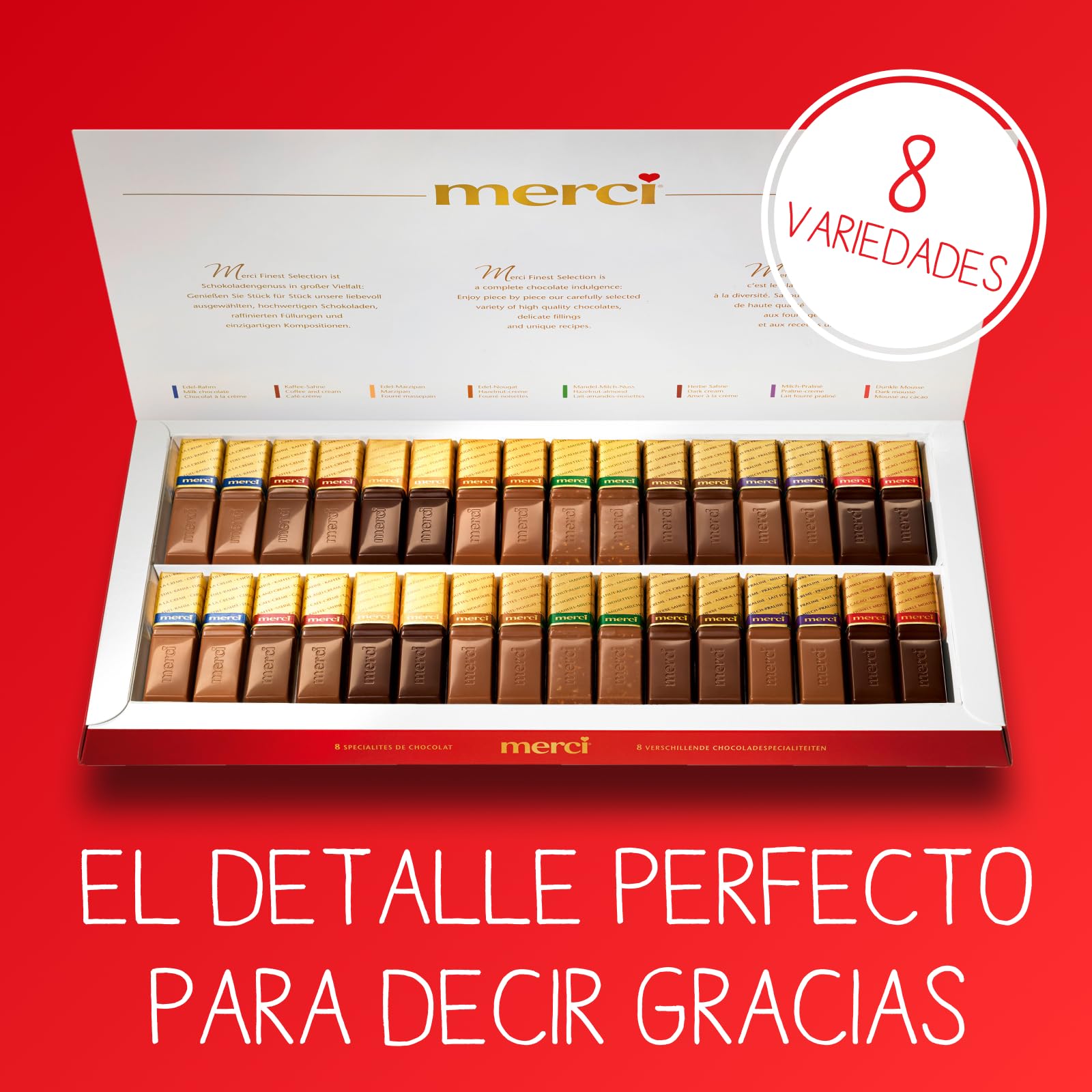 merci Finest Selection Gran Variedad – 400 g – Caja de Bombones para Regalar – Surtido de 8 Especialidades de Chocolate con y sin Relleno – Selección Premium – Sin Gluten y Aptos para Vegetarianos
