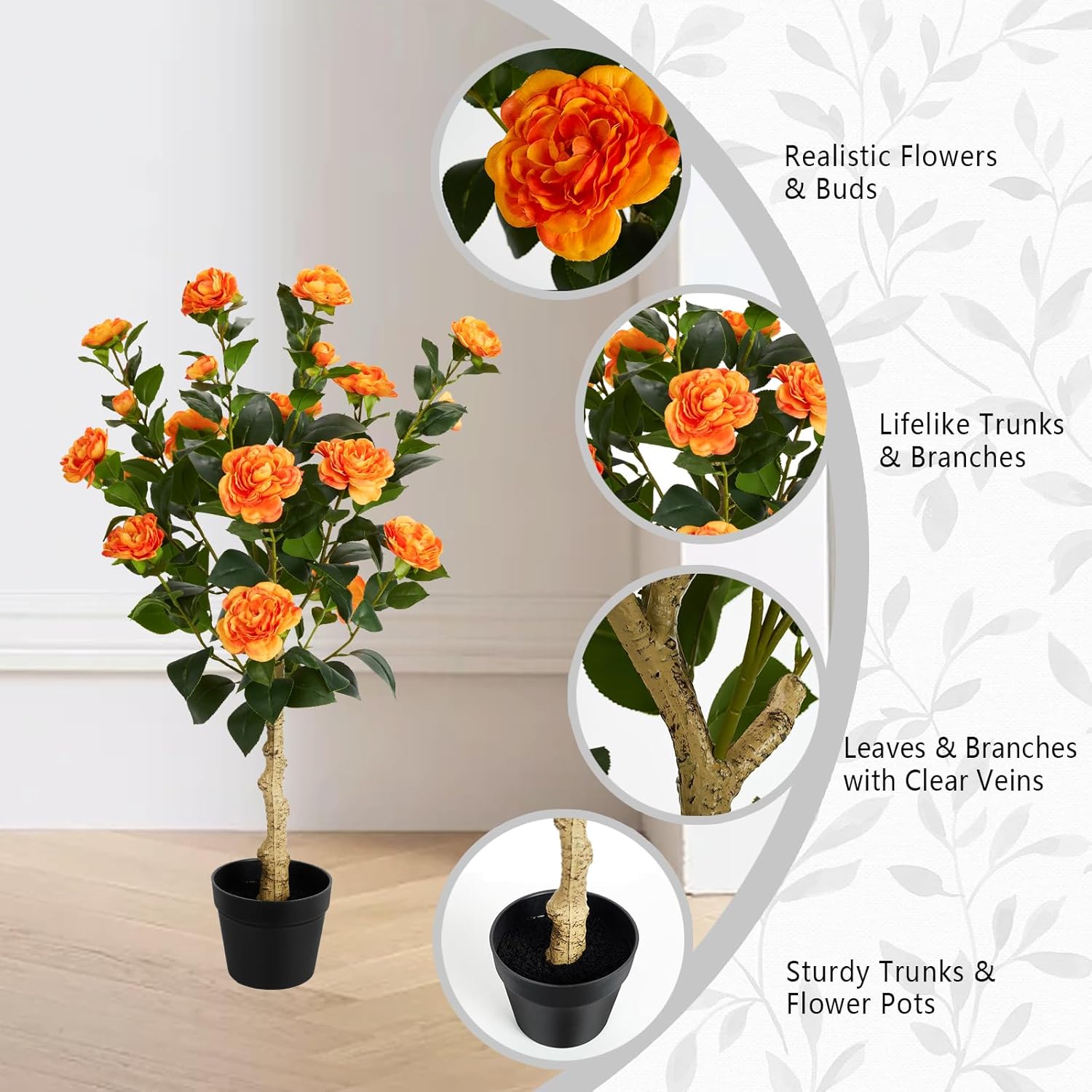 3FT Artificial Camellia Tree, 2 Pack Fake Camellia Tree Artificial Tree, Faux Floral Plants in Cement Pot, Greenery Potted Plant for Indoor Outdoor Home Office Porch Decor (Orange)