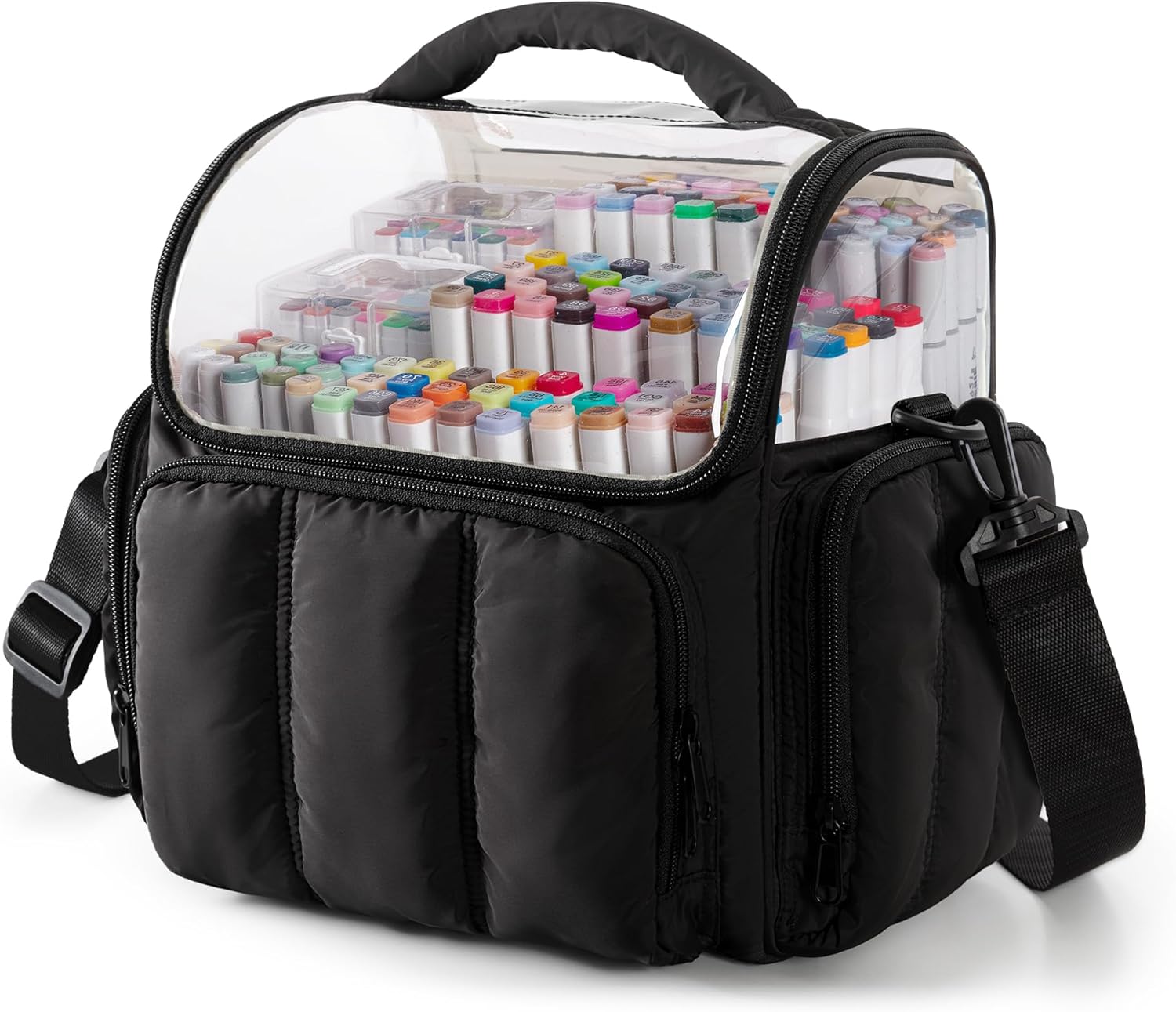 Rexmica Puffy Marker Organizer Case for 210 Markers, Large Marker Storage Bag with Shoulder Strap for Adults, Artists, Teachers, Coloring Enthusiasts, Marker Holder Organizer, Black (Patented Design)