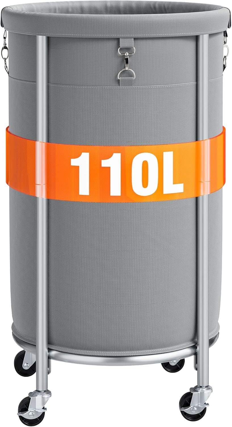 ELYKEN Cesto portabiancheria con ruote, 110 l, cesto portabiancheria rotondo con telaio in acciaio e borsa rimovibile, 4 ruote e 2 freni, cesto per vestiti sporchi per hotel, casa, ETHLC05G1