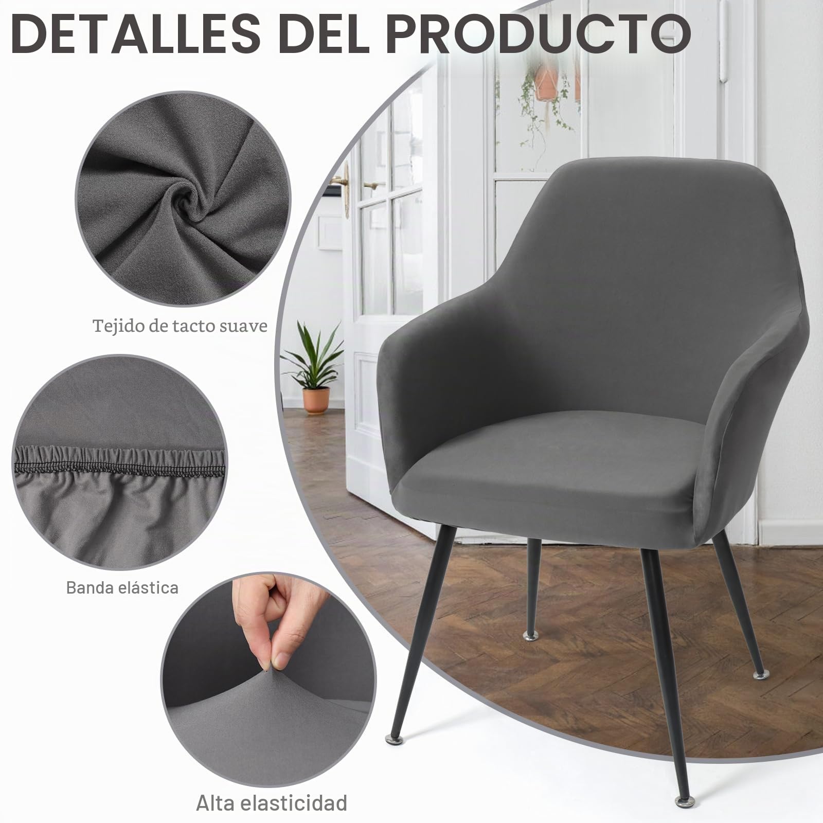 Fundas Sillas de Comedor 4Pcs Funda Sillon Orejero con Reposabrazos Funda Silla Oficina Protector de Silla Desmontable y Lavable para Sillas Cocina (Gris, 4PCS)