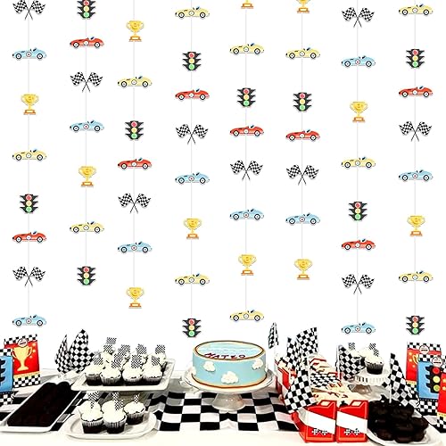 Decoraciones de fiesta de coche de carreras vintage, 8 piezas de serpentina colgante de coche de carreras, decoración de fiesta de cuerda retro