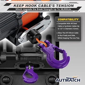 AUTMATCH 3/8 Winch Hook Safety Latch with Winch Cable Hook Stopper, Grade 70 Forged Steel Clevis Slip Hook, Max 39,600Lbs Work for Winch Rope, ATV, UTV, Off Road Vehicle, Purple