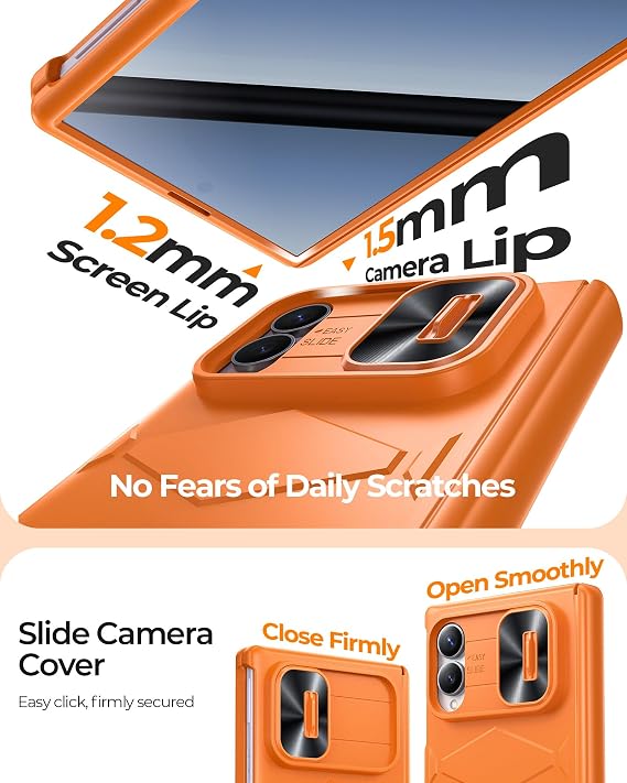 Samsung Galaxy Z-Fold-8用ケース、ヒンジ保護+プライバシースクリーンプロテクター、スライドカメラカバー、PCカバー、ワイヤレス充電対応、耐衝撃保護電話ケース、Z Fold 8用、オレンジ