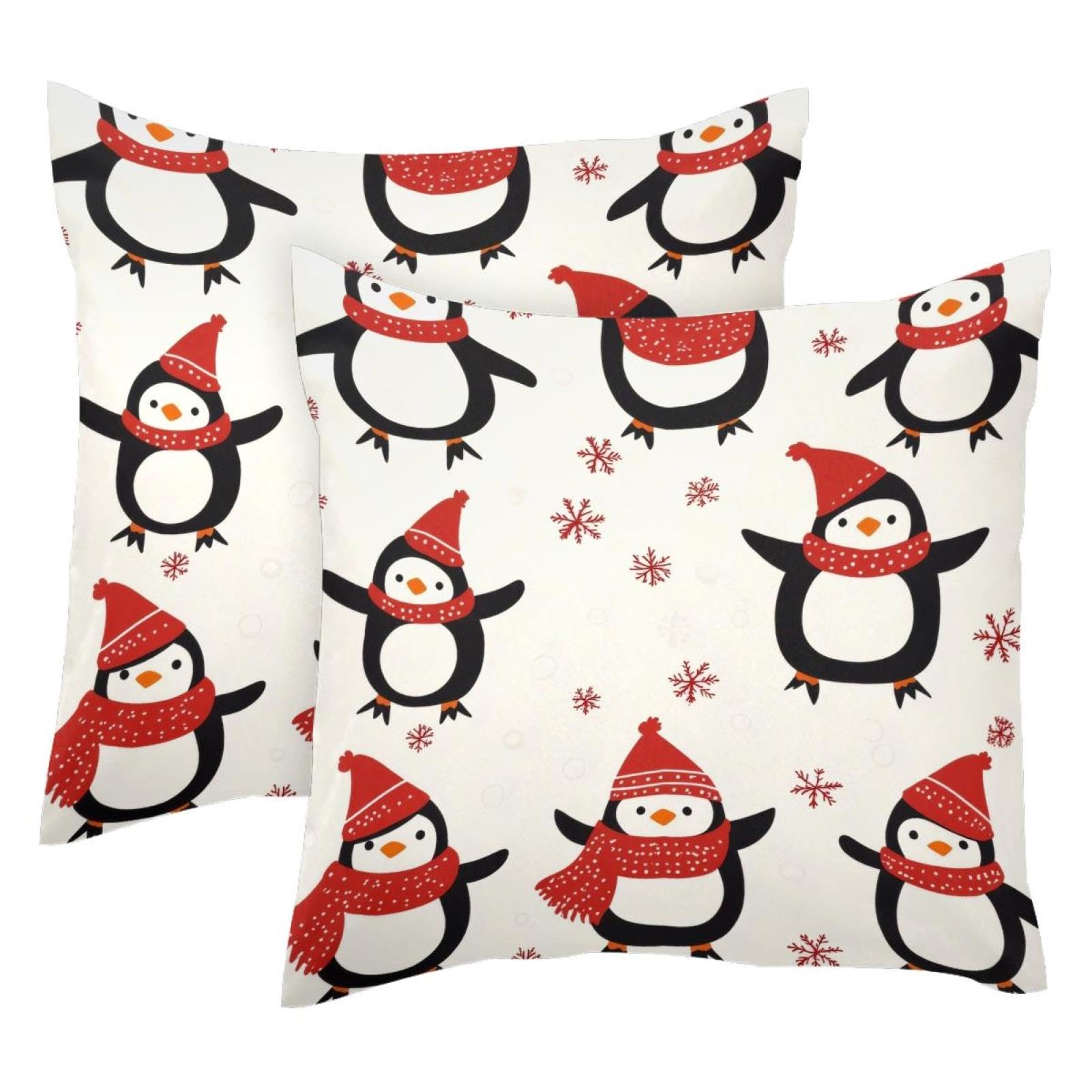 Housse de coussin Noël velours motif flocon et pingouin pour décoration salon