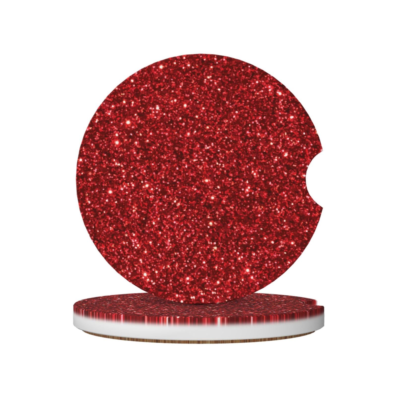 Red Glitter Pattern Print, Car Cup Holder Coasters 2 Pack, Absorbent Ceramic Car Coasters with Non Slip Cork Base