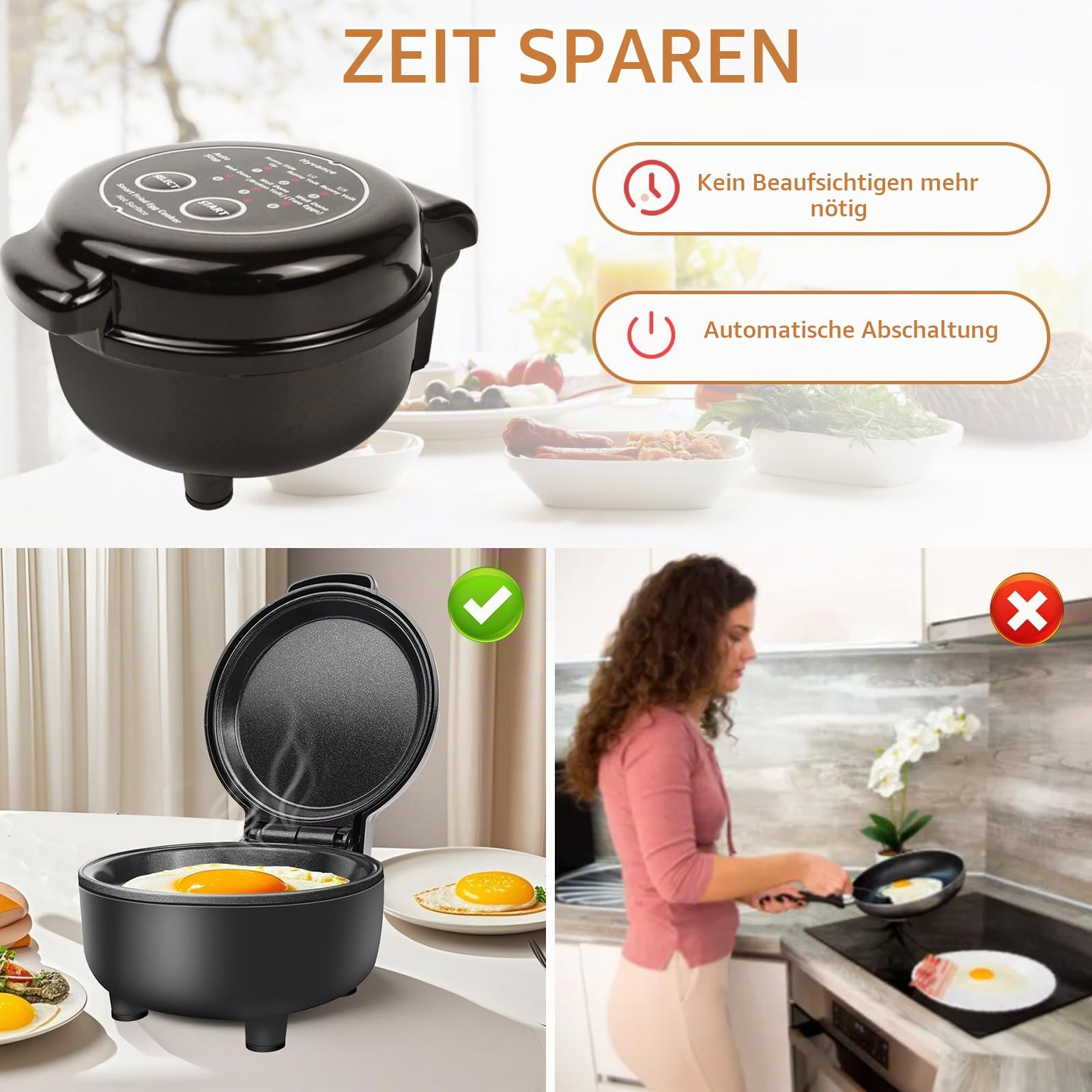 Hyvance Smart Fried Egg Cooker for 6 Fried Egg Features including Sunny Side Up, Over Easy, Fully Cooked etc. Automatic Power off and Sound Alert, Non Stick, Perfect Gadget for Breakfast (Black)