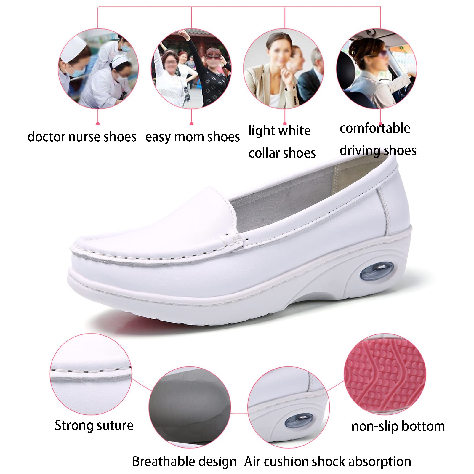 TDHLW Nurse Shoes for Women Comfortable Work Shoes Non Slip Walking Slip On Nurse Restaurant Work Lightweight Leather White Nursing Shoes,White,36
