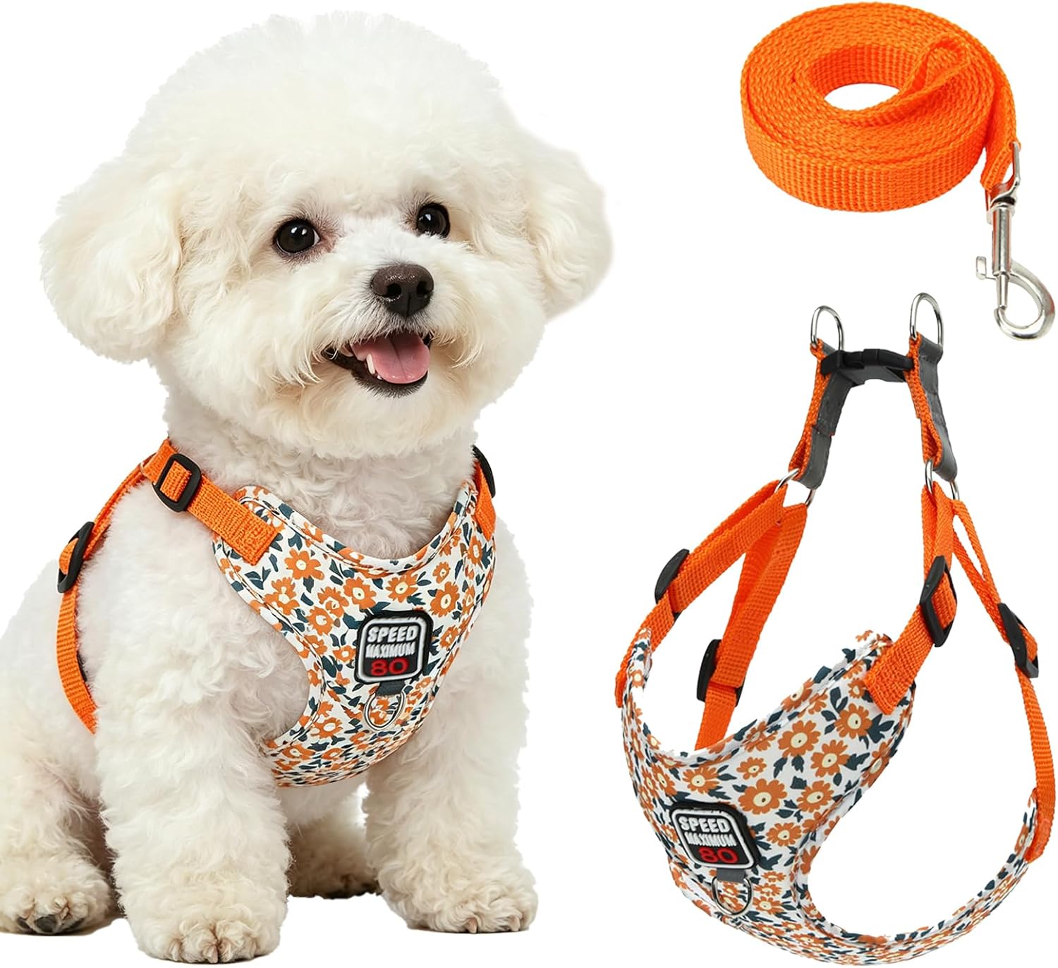 Dog Harness and Lead Set, Step-in Adjustable Puppy Harness, Soft and Breathable Dog Harnesses, No Pull Dogs harness for Small Medium Dogs, Cats, Puppies, Orange Flower, L