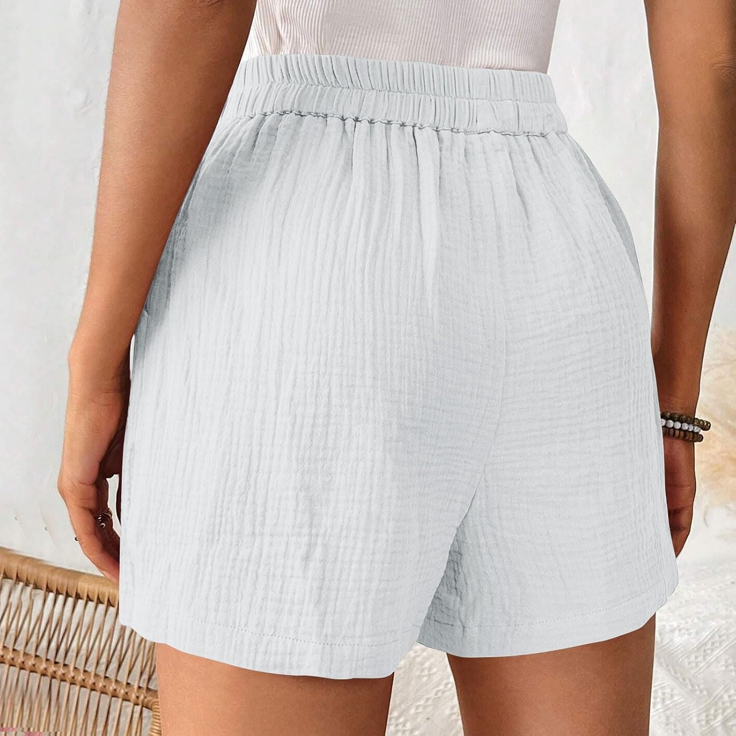 High Waisted Shorts Women Casual Summer Pockets Vintage Solid Lounge Pant | Smocked Elasticated Top, Pull On Closure, Side Slant Openings, Crinkle Textured Weave, Relaxed Fit Beachwear Styling