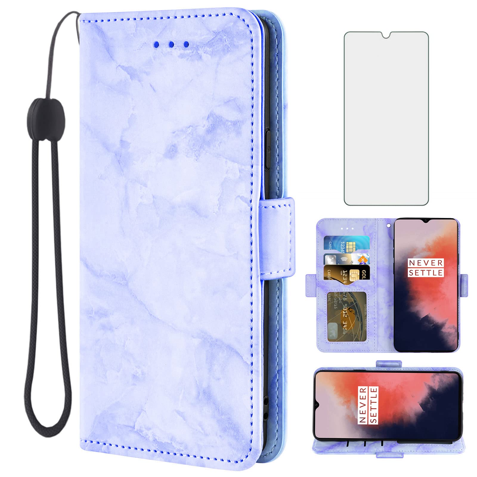 Asuwish Compatible with OnePlus 7T OnePlus7t 5G Case and Tempered Glass Screen Protector Cell Card Holder Slot Kickstand Flip Marble Wallet Phone Covers for One Plus7T 1 Plus T7 1plus + 1+ 1+7T Purple