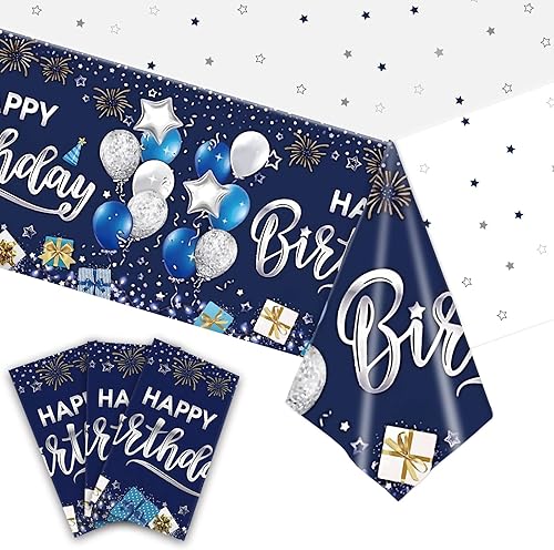 Kesfey Manteles de feliz cumpleaños, paquete de 3 manteles de cumpleaños azul marino y plateado de 54 x 108 pulgadas, estampado de fuegos